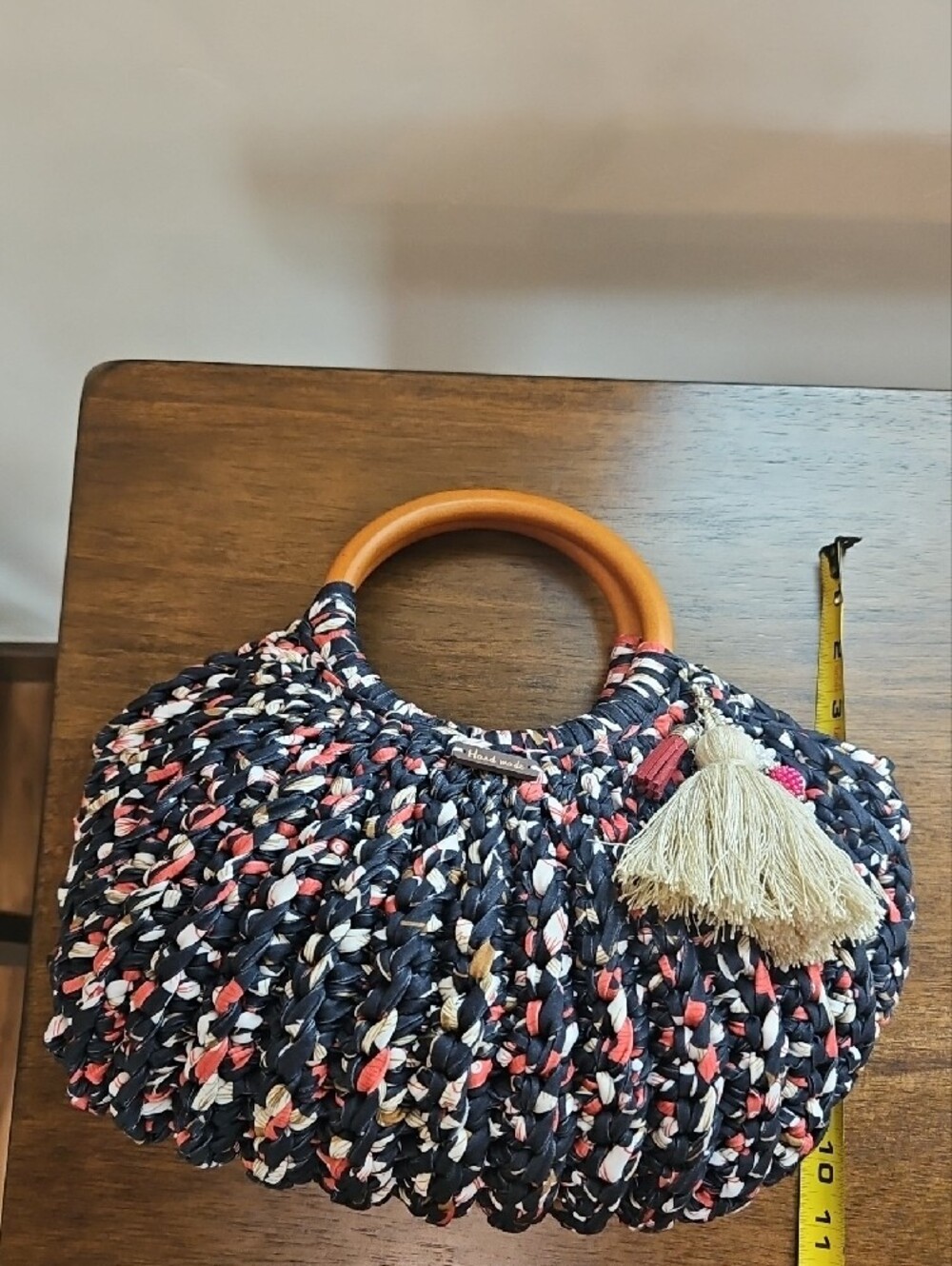 Hand Crocheted Black And Rose T-shirt Yarn Tote with Tassel - Picture 2 of 4